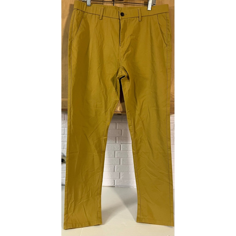 Plaid&Plain Slim Fit Chinos Mens 36x32 Khaki New Mustard‎ Stretch Trousers